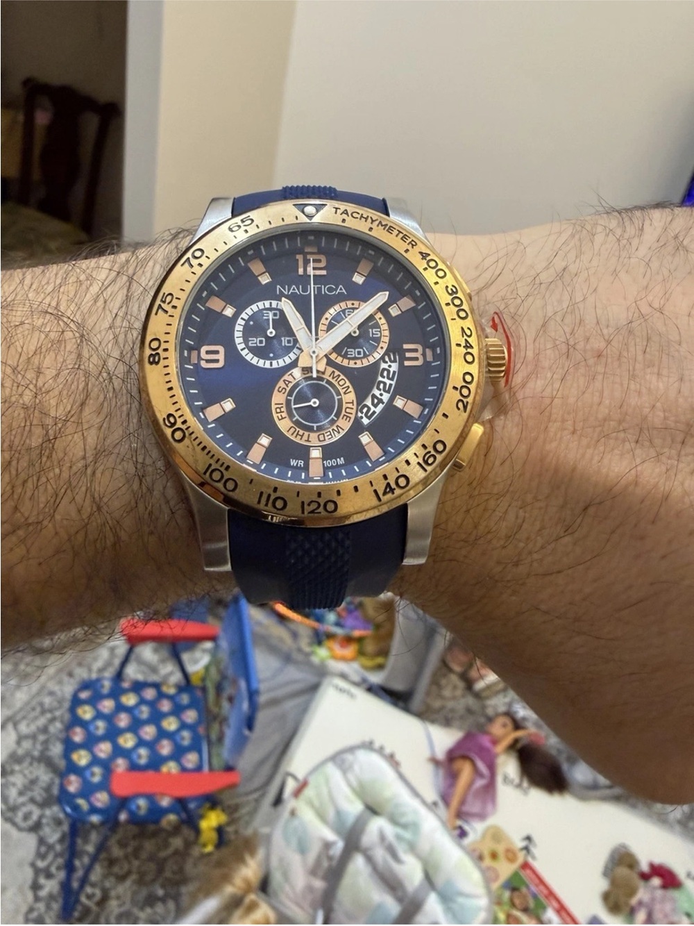 Nautica Men's NST 600 Chronograph Watch | Gold Tone Bezel & Navy Blue Strap
